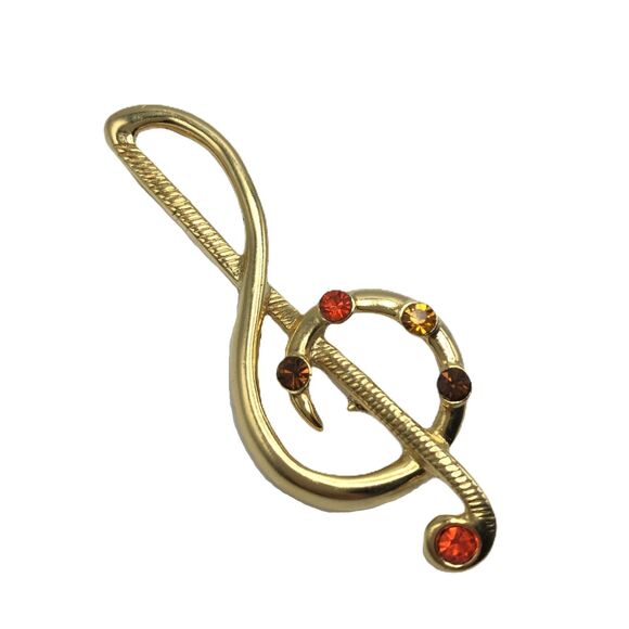Vintage Music Brooch Treble Clef Music Note Gold Rhinestone Costume Statement - Picture 1 of 4